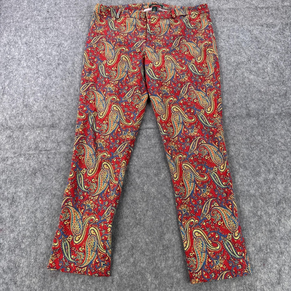 Polo Ralph Lauren Pants Womens 12 Red Paisley Print Stretch Straight Leg Boho